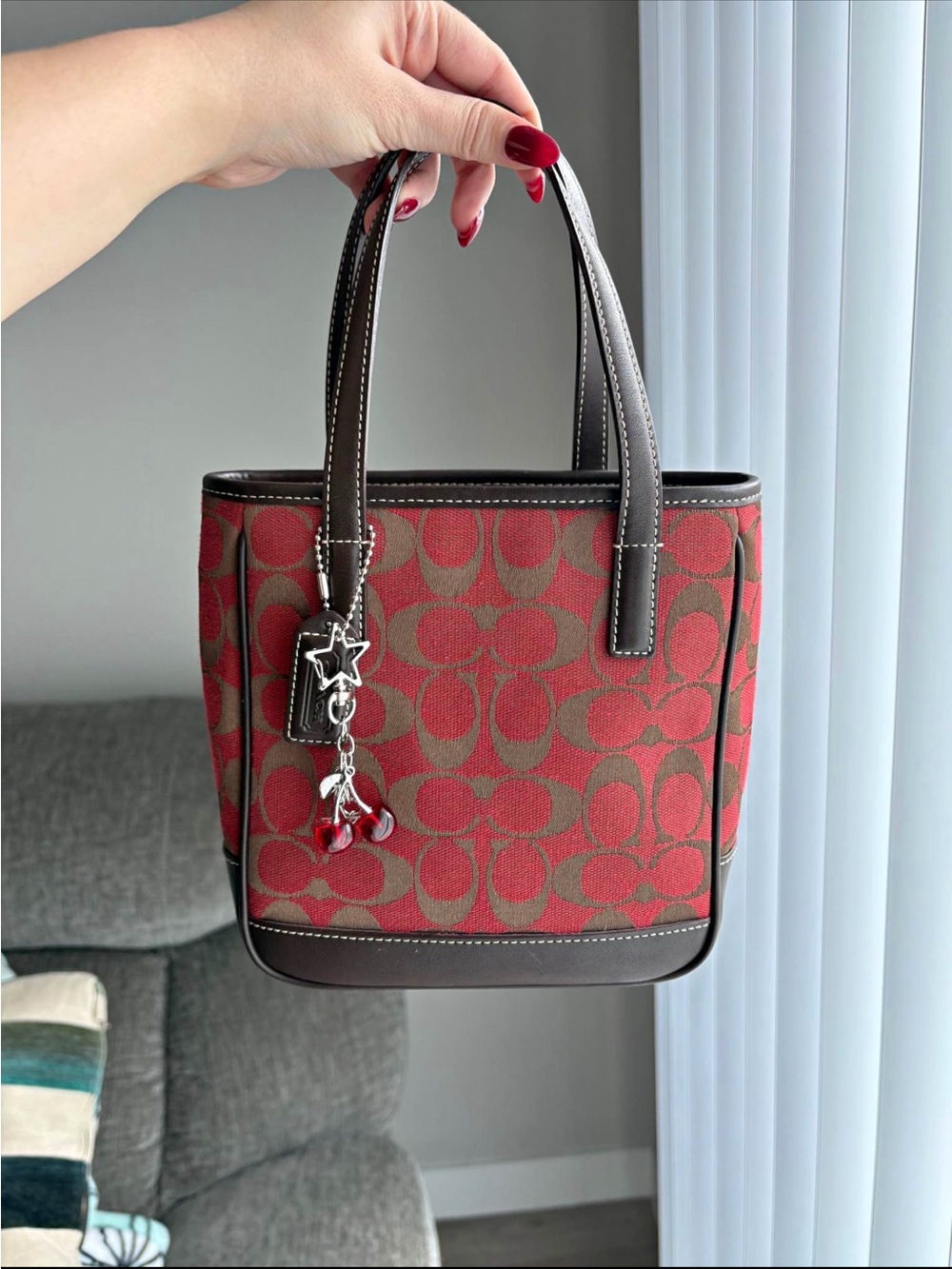 Coach Red and Brown Signature Mini Tote with Charm